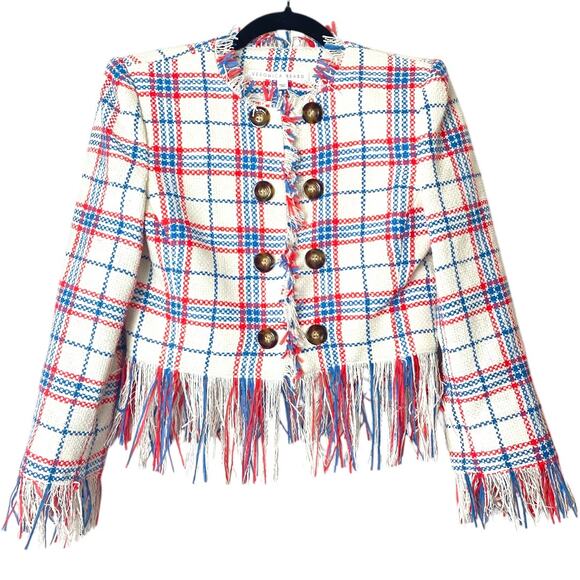 VERONICA BEARD BLAZER JACKET PLAID DOUBLE BREASTED FRINGE WHITE BLUE RED MARLTON - Picture 2 of 15